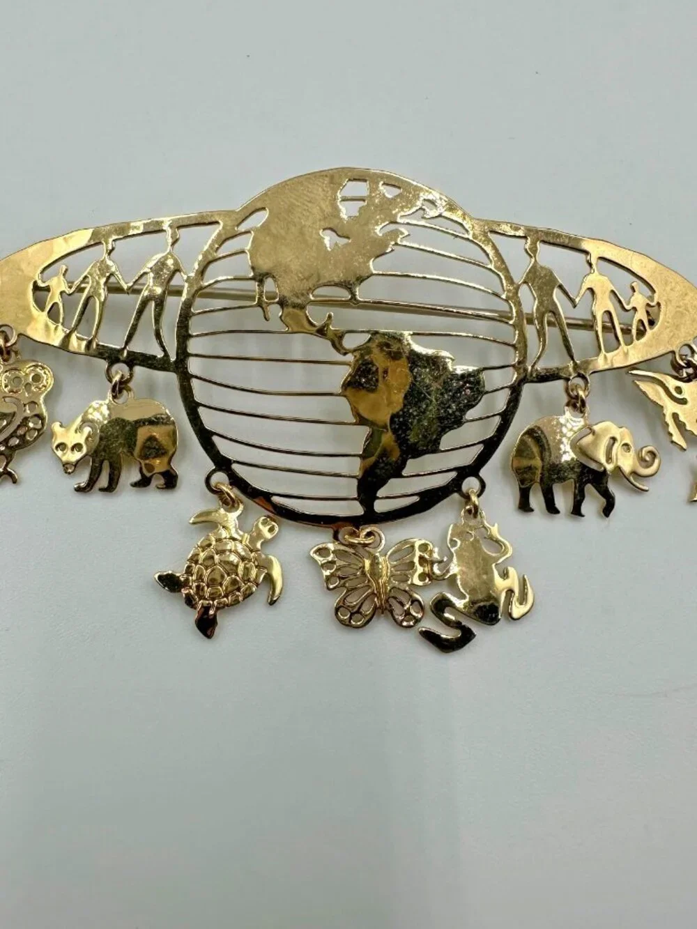 Vintage Wild Bryde Earth Brooch Gold Tone Animal Dangle Elephant Owl Turtle
